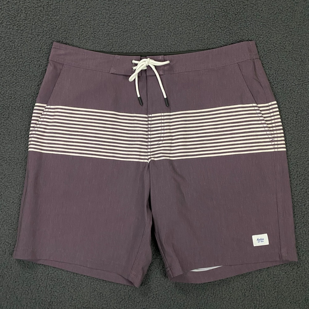 Katin Roam Hybrid Trunk Mens 32 Purple Striped Stretch Board Shorts Swim NWOT